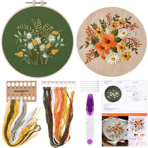 2 Sets Full Range Embroidery Starter Kit Floral Pattern Cross Stitch Kit with Hoop Scissors and Daisy Fabric for Needlework Crafts Perfect for DIY Home Decor Gift Making Colorful Doityourself Design Flower Valentine's Day Gift