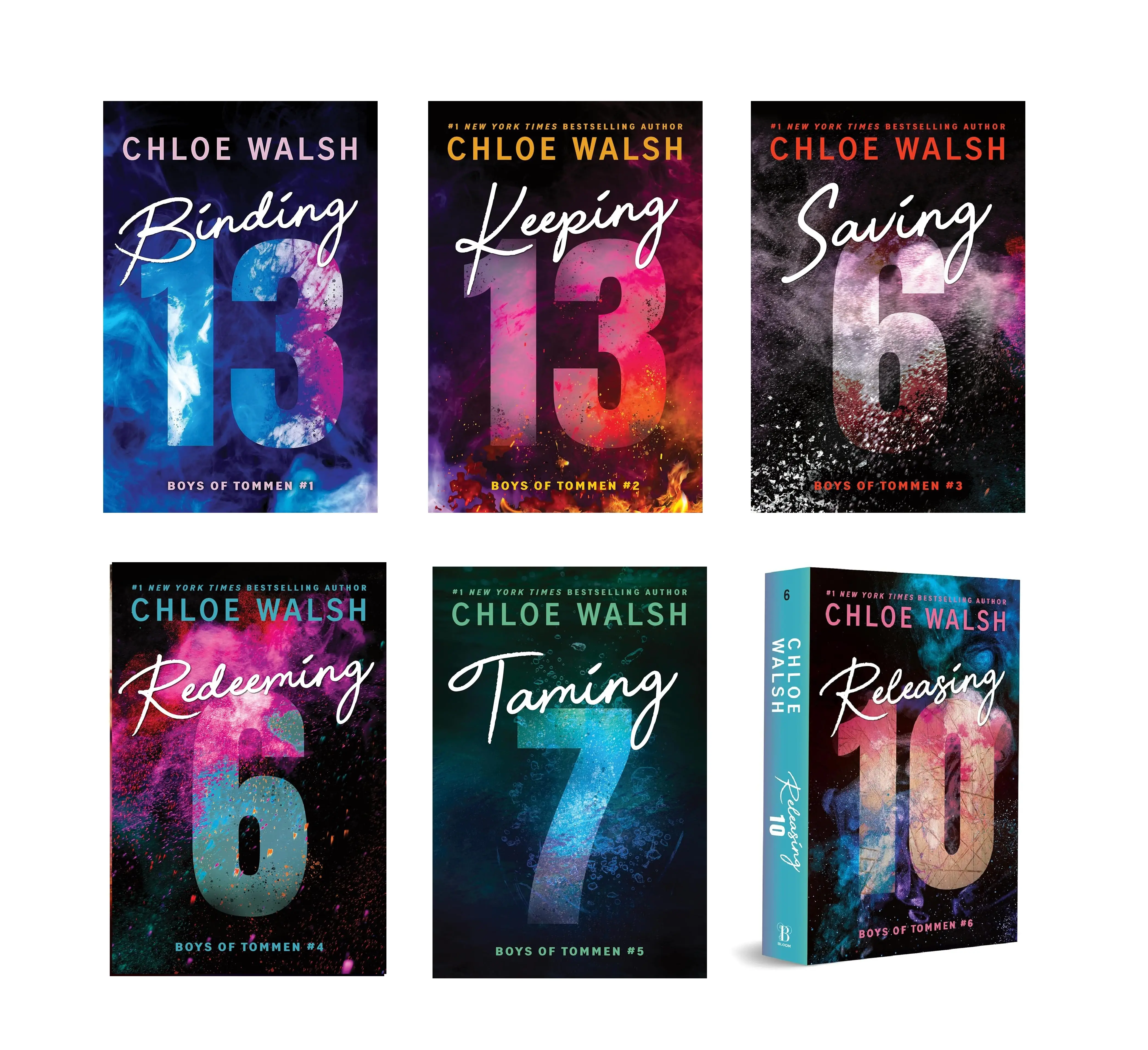 Boys of Tommen by Chloe Walsh (6 book series): Binding 13 , Keeping 13 , Saving 6 , Redeeming 6 , Taming 7 , Releasing 10 (leigh as secret) Novel (Pap