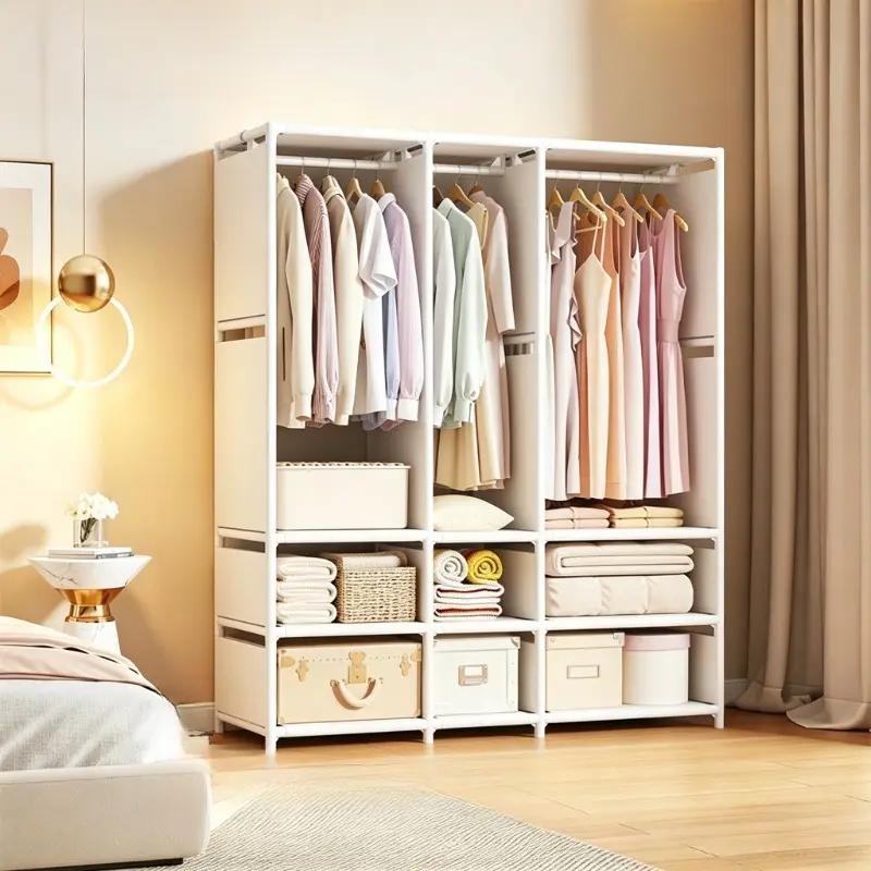 Freestanding Open Wardrobe Closet, Wardrobe Storage Unit, Portable No Assembly Clothes Rack Organizer With Dustproof Curtain, Wardrobe Garment Rack, Large Capacity Sturdy Metal Frame, For Bedroom Apartment Rental Home, Multi-Tier Hanging Storage Rack