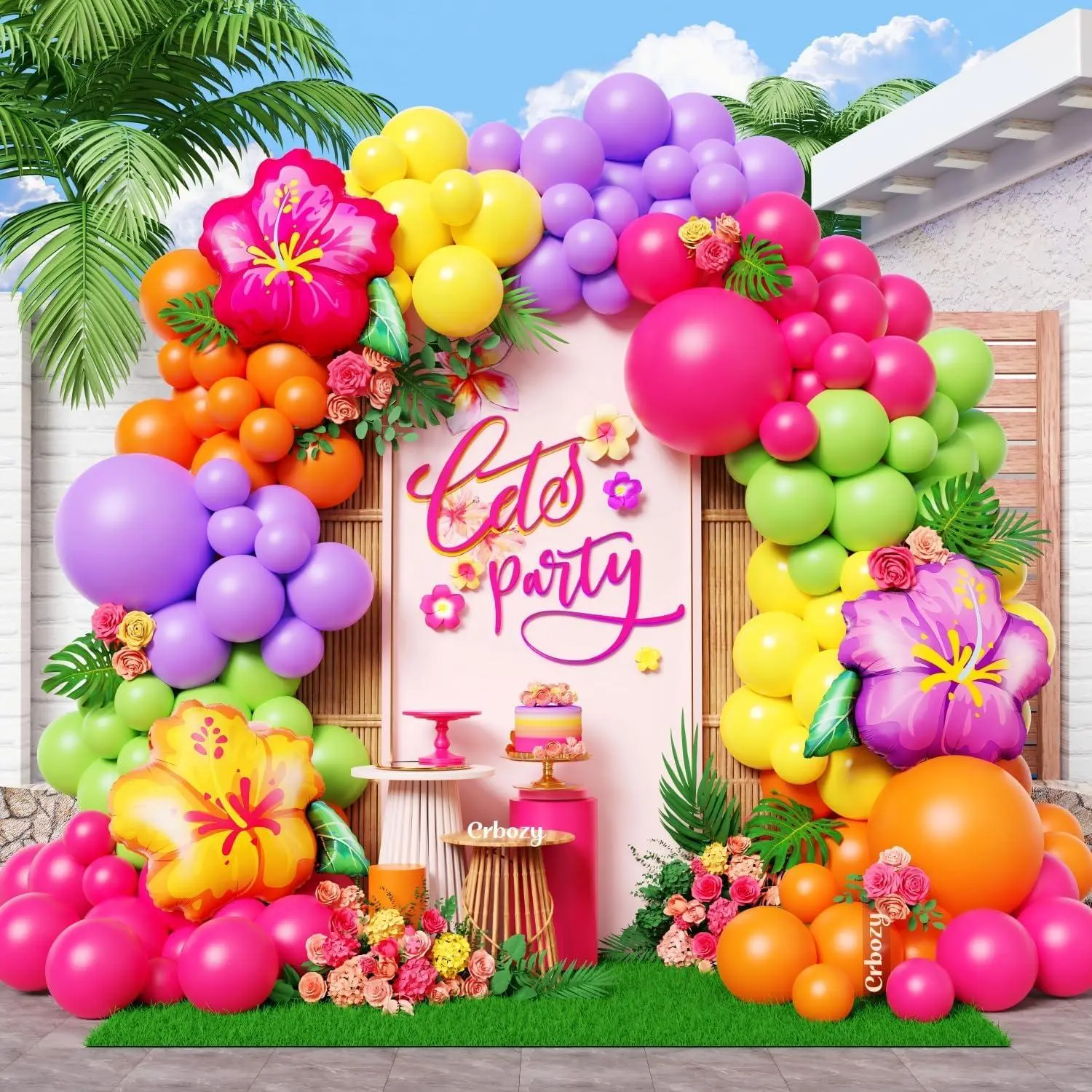 135Pcs Summer Tropical Balloon Arch Kit, Hot Pink Purple Orange Yellow Green Latex Balloons With Hibiscus Foil Balloons For Hawaiian Luau Aloha Birthday Baby Shower Party Supplies