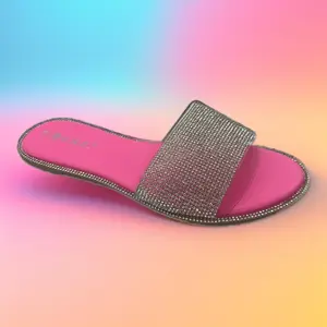 Women’s rhinestones slides crystal embellished bling sandals Round Toe No Heel Summer Walking Shoes Girl Footwear Comfort Design Wedding Decor Knee Black