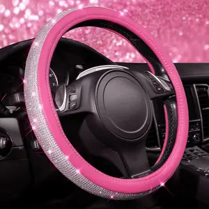 KAFEEK Pink Bling Diamond Leather Steering Wheel Cover with Sparkly Crystal Glitter Rhinestones - Universal Fit 14"1/2-15"