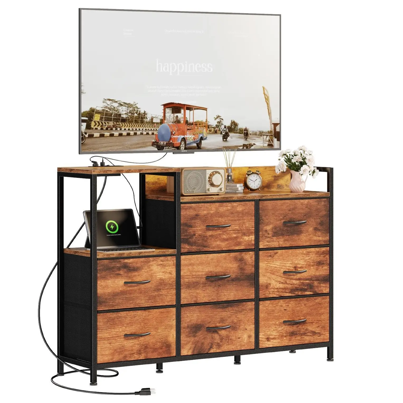 Dresser TV Stand for 50, 55, 65 inch TV, Entertainment Center with LED Lights & Charging Station, Chest of Drawers with 8 Fabric Drawers and Open Shelves for Living Room, Hallway, Rustic Brown V media control console table features 8 fabric drawers