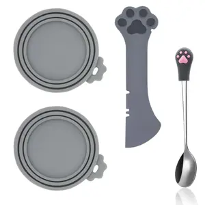 Cat Food Can Spoons & Can Lids | 4 Pcs | Multi-Function Can Opener | Silicone Pet Food Can Covers | Stainless Steel Wet Food Spoon for Cats and Dogs(Grey) Feeding
