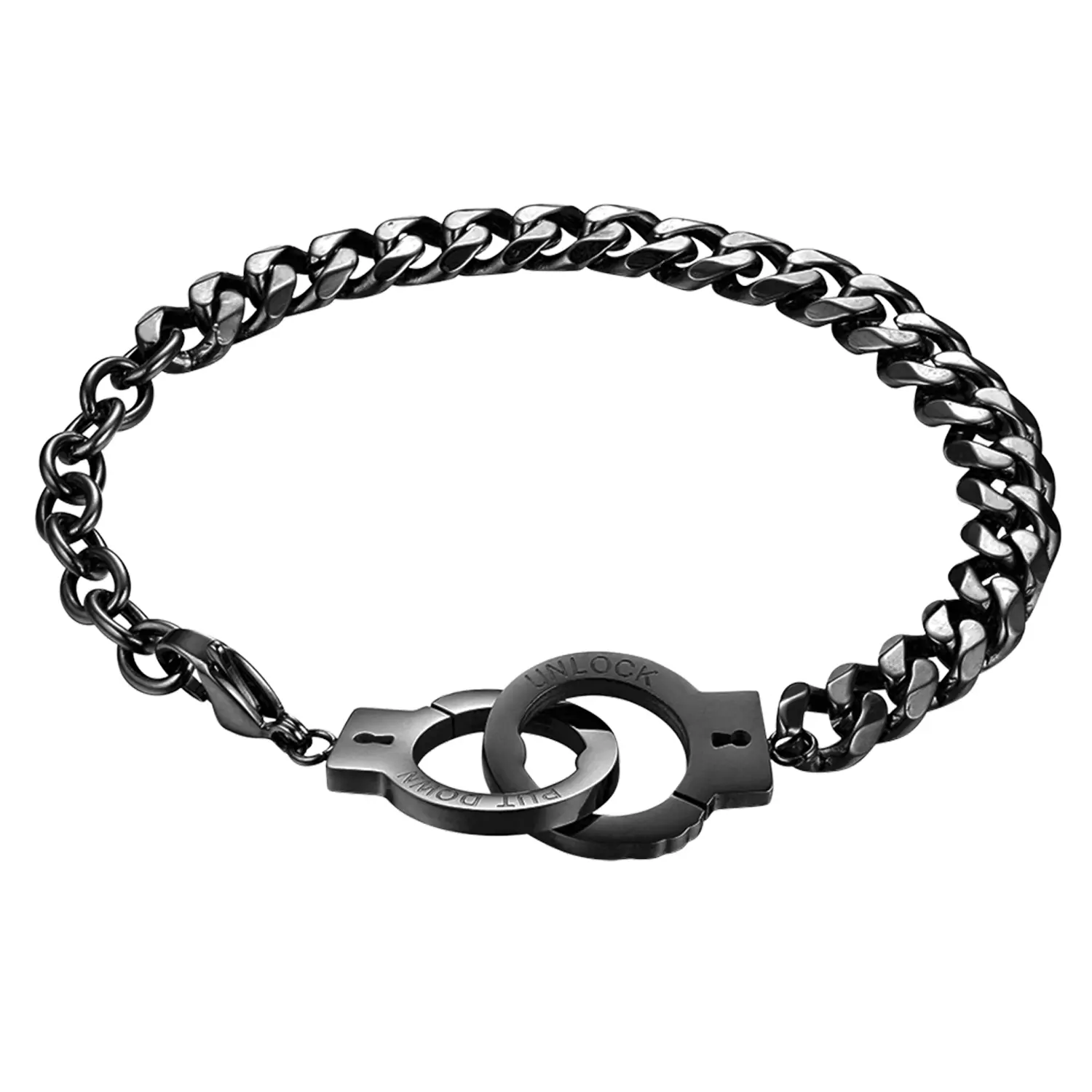 OIDEA Bracelet for Men, Bold Stainless Steel Streetwear Chain with Engraved Handcuff Clasp, Adjustable 7.28", Birthday Gift, Male, Black Steel Bracelets & Bangles, 7.28" Chain, Polished Shine, Streetwear Look, Dimensions, 7.28" + 1.57" Extension