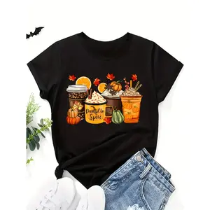 Lady's Casual Short-Sleeve Round Neck Sports Top, Comfortable Fit Fabric with Pumpkin Spice Print