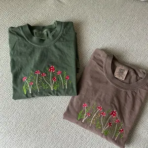 Mushroom Field Embroidered Comfort Colors T-Shirt Flowers Floral Crewneck Spring Summer Neutral