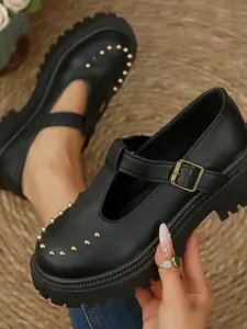Trendy Mary Jane Loafers, Chunky Heel Thick Sole Studs, One Strap Buckle Versatile Commute Women Shoes, Fashionable Daily Wear Footwear