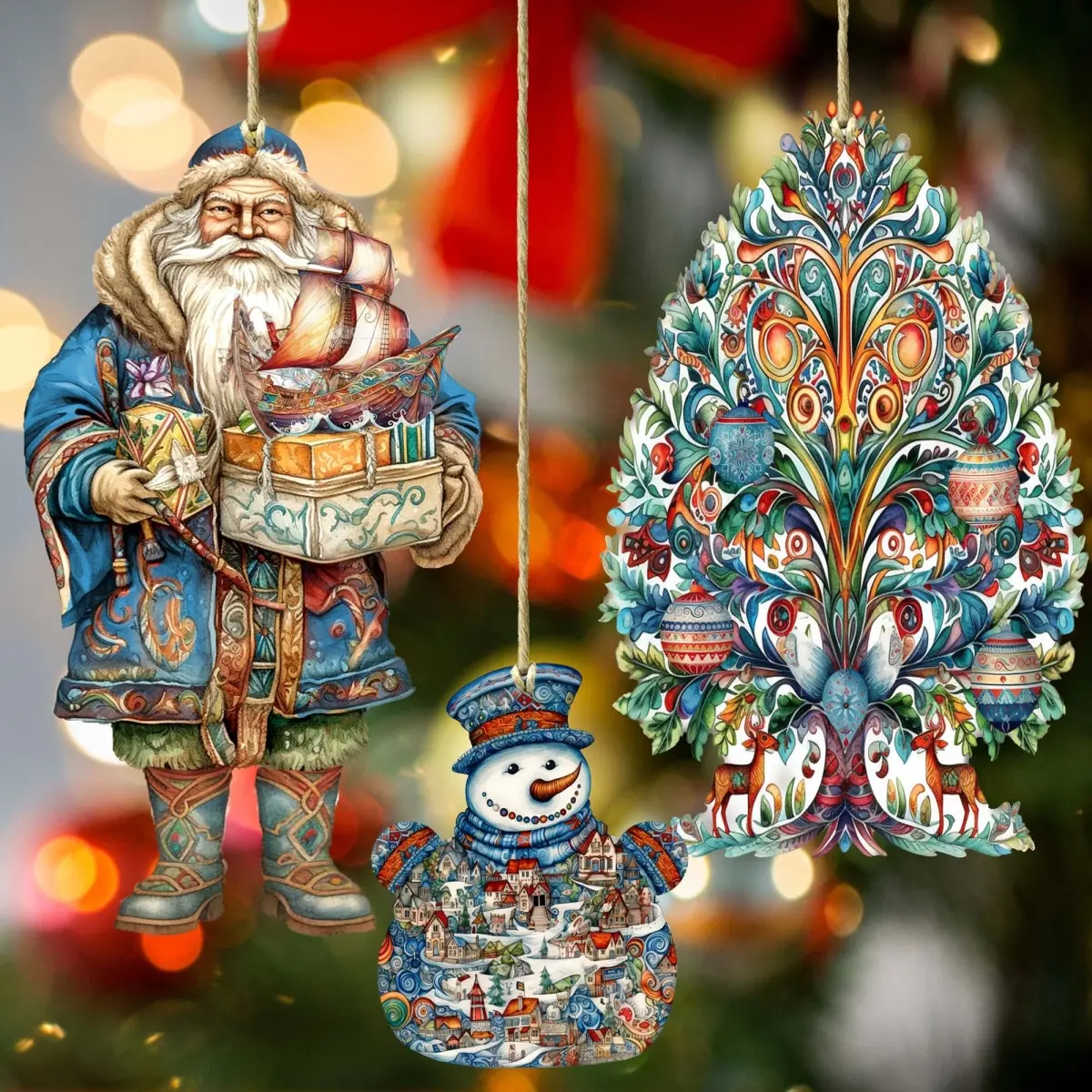 Designocracy 8091312S3 3-Sided, UV-Coated, UV-Resistant Handmade Nordic Cultural Wooden Santa Figure Ornament Set (3-Piece, 4.5x3 in) - Christmas Tree Decoration, Festive Home Gift