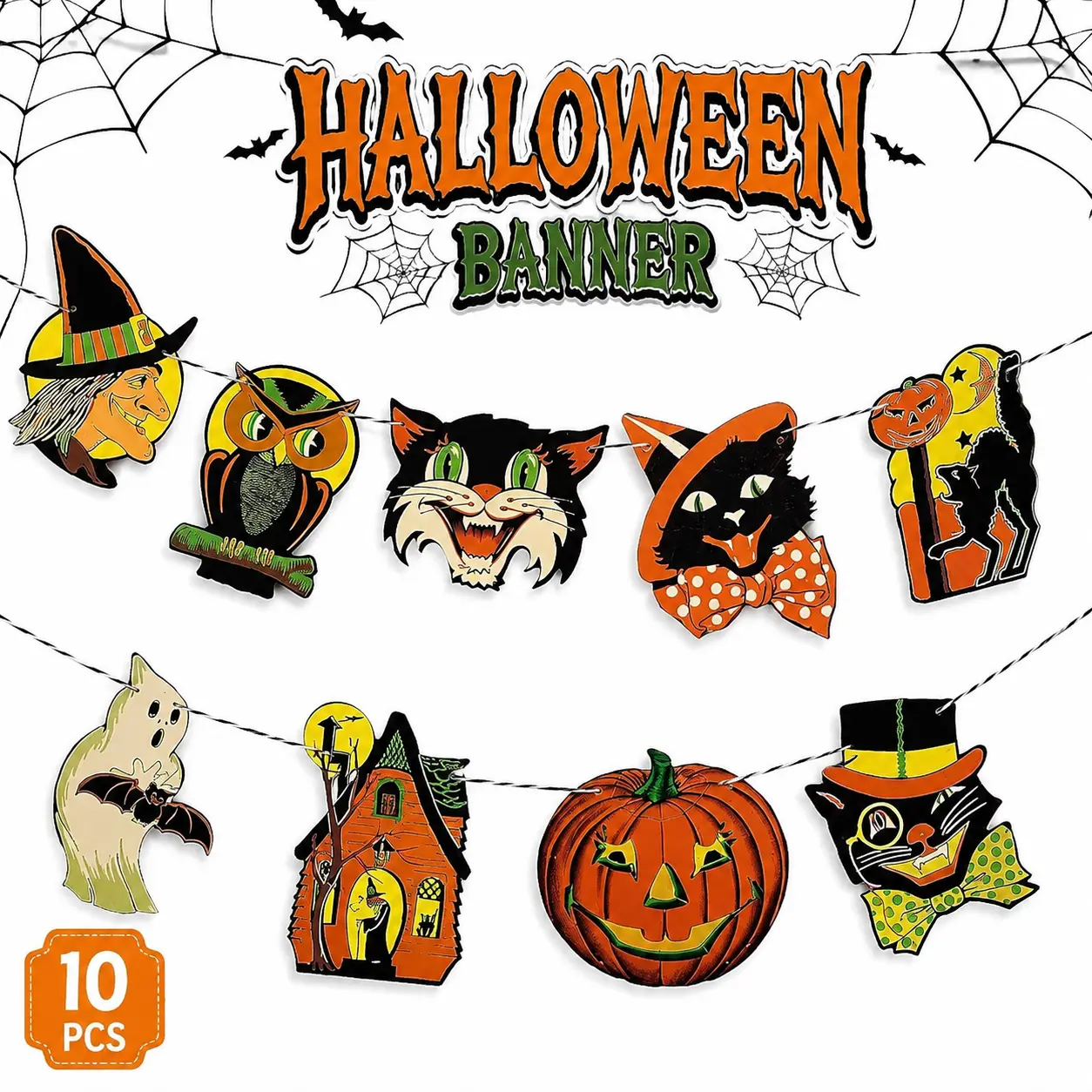 Halloween Banner 10 Pieces - Festive Decorations with Cats, Pumpkins, and Ghosts for a Spooky Party Atmosphere
