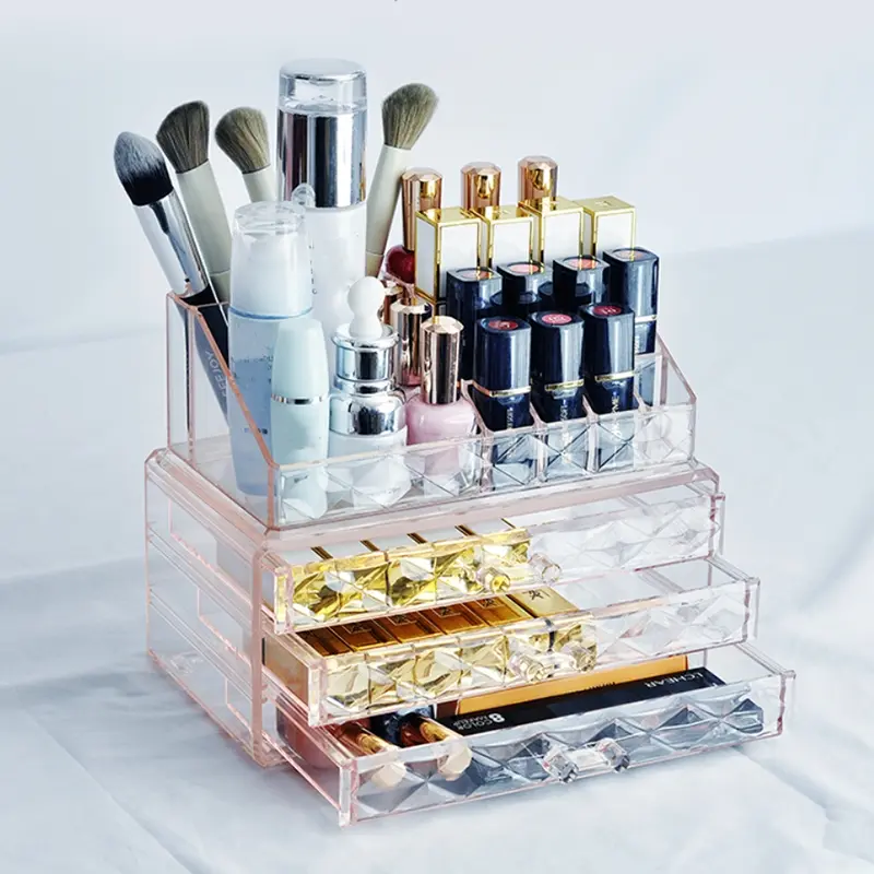 Multi-grid Transparent Makeup Organizer, Rhinestone Textured Desktop Storage Box, Dustproof Cosmetic Organizer For Home
