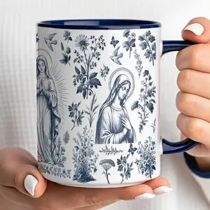 [Sale Up To 50%] Catholic Virgin Mary Toile Mug, French Blue Religious Mug, Christian Gift for Women, Our Lady Coffee Cup, Floral Catholic Mug, Marian Mug, 11oz ceramic accent mug
