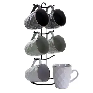 Elama  12 oz Diamond Waves Mug Set with Stand, Assorted Color - 6 Piece
