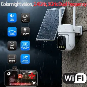 2.4G/5G dual-band solar-powered monitor, wireless installation, panoramic monitoring, 4.0million pixel color night vision, waterproof, remote control, AI human body detection, 24-hour loop recording