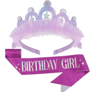 SQ-HDW008 Purple Birthday Girl Sash and Crown Star Princess Crown Birthday Girl Headband Cute Pearl Birthday Tiara Rhinestone Happy Birthday Party Decorations Accessories Gift Outfit