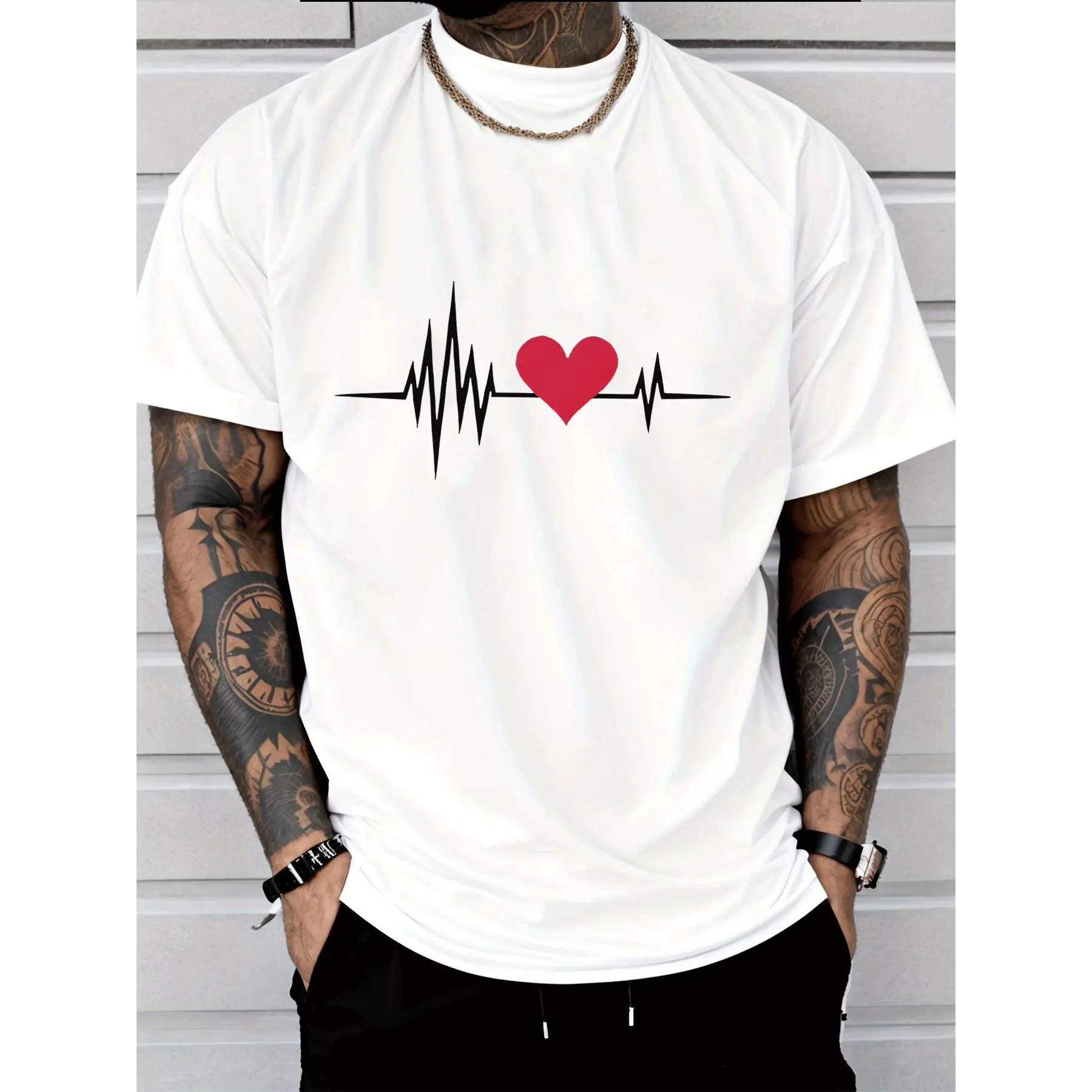 Crew Neck Men's Fashion Casual Trendy Street Style Short Sleeve T Shirt with Heartbeat Line Red Heart Pattern Adults Men Casual Wear Suitable for Daily Outings Sports Activities and Casual Occasions.
