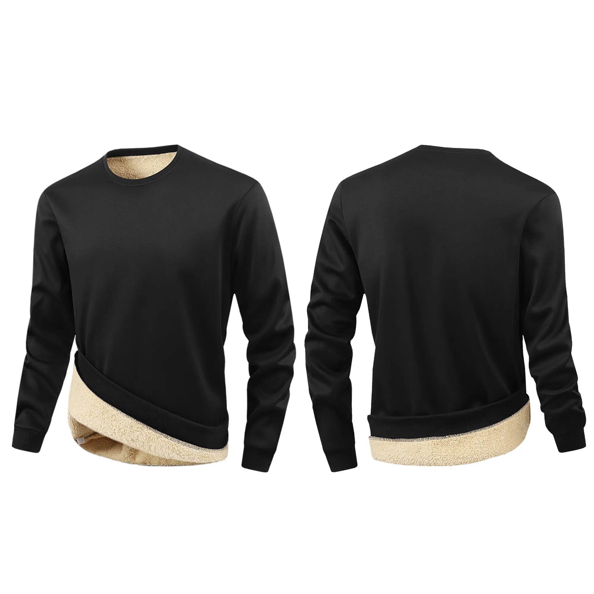 Women’s solid color loose crewneck sweatshirt for autumn/winter, fleece-lined and thickened pullover, long sleeves, casual athletic top Black Minimalist