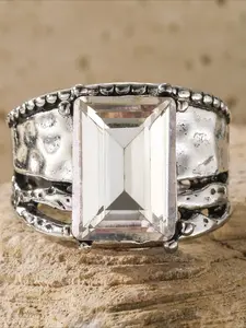 Vintage Boho Hammered Silver Wide Band Ring with Large Emerald-Cut Crystal Perfect for Bold & Free-Spirited Style Lovers Versatile for Vacations Festivals & Everyday Looks.