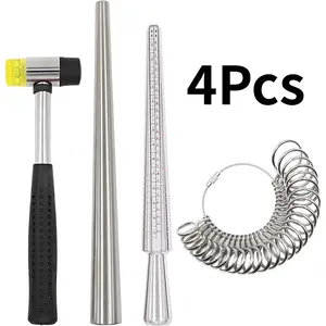 4Pcs Ring Sizer Mandrel Measuring Tool Steel Ring Sizing Gauge Sizers Set Rubber Jeweler's Mallet Hammer Metal Finger Size Stick Wire Wrap Rings Tools Jewelry Making Kit