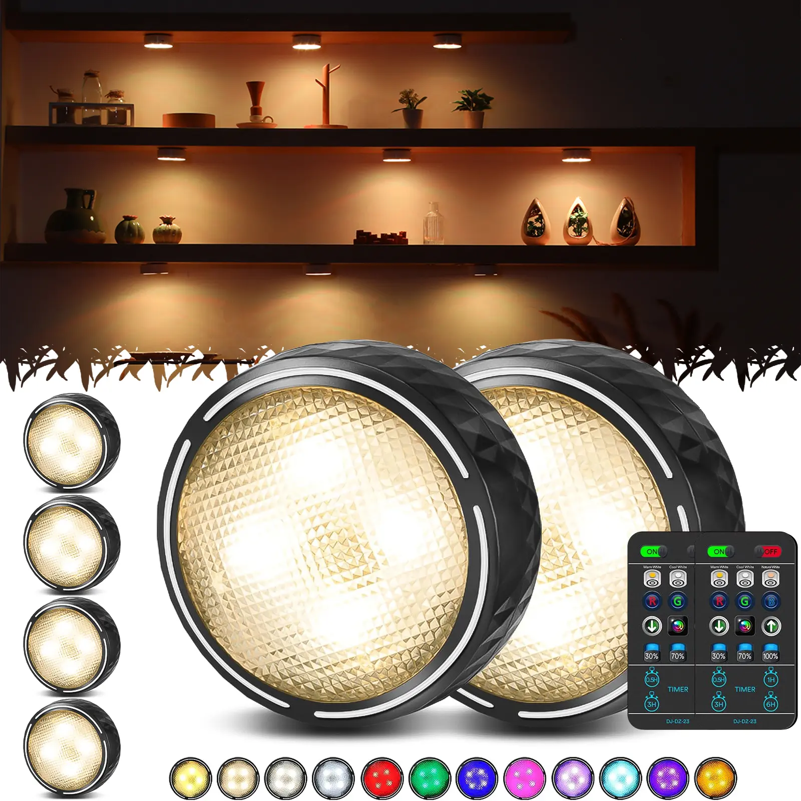 ISUNMEA LED Puck Lights with Remote Control, Battery Operated Wireless Closet Light, Under Cabinet Lighting Stick on Tap Push Lights, Color Changing Under Counter Light for Kitchen, 6 Pack - Black