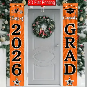 2D Flat - 2pcs 2D Flat Congratulations Graduation Party Porch Banner | Orange and Black Belt 2026 High School College Flag, Polyester, 12x70.8 inches, No Electricity Required