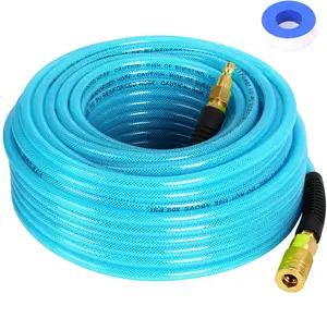 Air Compressor Hose 1/4 Inch x 100  Reinforced Polyurethane (PU) Air Hose with Fittings, Bend Restrictors, 1/4" Industrial Quick Coupler and Plug Kit, Blue