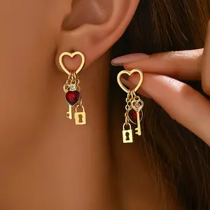 A Pair of Heart-Shaped Earrings with a Key And Lock Design, Perfect As a Versatile Gift for Lovers.