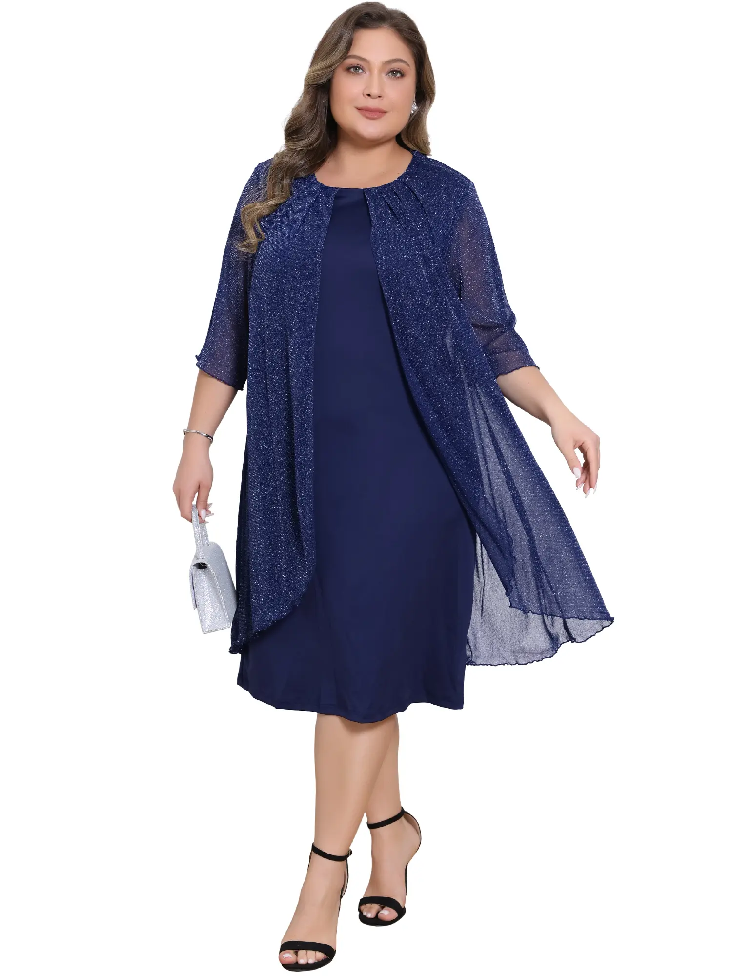 Agnes Orinda Plus Size Cocktail Dress for Women Sequin Mesh Cape Overlay Bodycon Knee Length Wedding Guest Pencil Dress