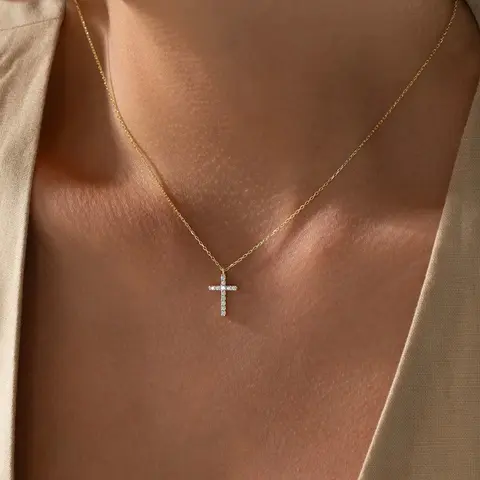 Women's Subtle Yet Stylish Dainty 14K Gold/Silver Plated Jeweled Gold Cross Pendant Necklace, Fashion Costume Jewelry Accessory, Gold Cross Pendant Necklaces