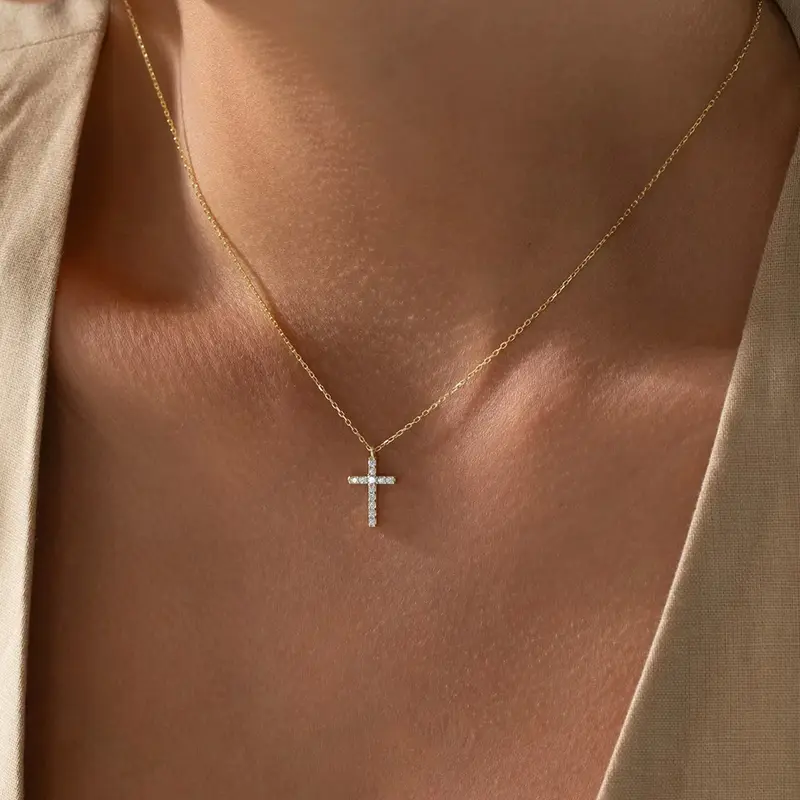 Women's Subtle Yet Stylish Dainty 14K Gold/Silver Plated Jeweled Gold Cross Pendant Necklace, Fashion Costume Jewelry Accessory, Gold Cross Pendant Necklaces