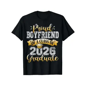 Men's Stylish 2026 Graduate Proud Boyfriend Short-Sleeve T-Shirt - Black with Golden Lettering & Diploma Design, Casual Round Neck Sports Top, All-Season Wear for Graduation Events & Parties