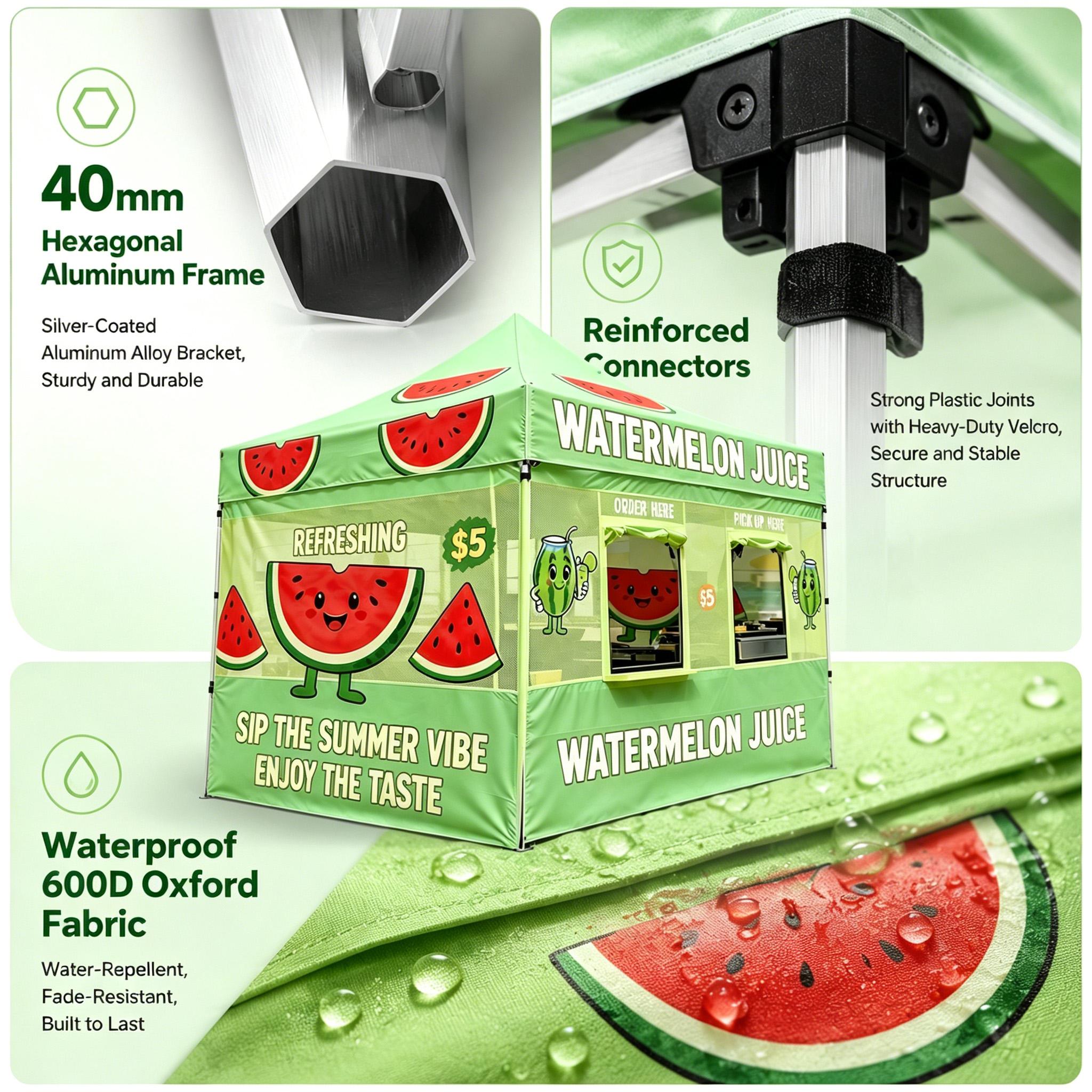 3x3m Watermelon Juice Vendor Booth Tent, 600D Oxford Adjustable Height Frame Commercial Canopy with Dual-Window Service Layout for Summer Markets Outdoor Accessory