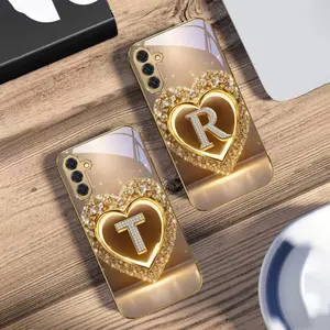 Golden heart shape Phone case suitable for Samsung Galaxy A25 5G/A04 4G/A14 5G/A23/A24 4G/A05 4G/A05S 4G/A03 Core/A12/A26 5G/A14 4G/A15 4G/A16 5G/A04e/A06/A13/A12 Nacho Golden glass protective case