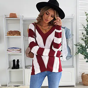 European and American cross-border casual V-neck loose sweater for women, new autumn and winter fashion striped color-block pullover knitwear for women