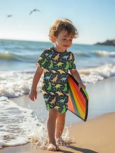 Zipper Design Unisex Kids Building Block Printed Short Sleeve One-Piece Swimsuit, Pool Water Park Cute Vacation Swimwear, Toddler Swimsuit