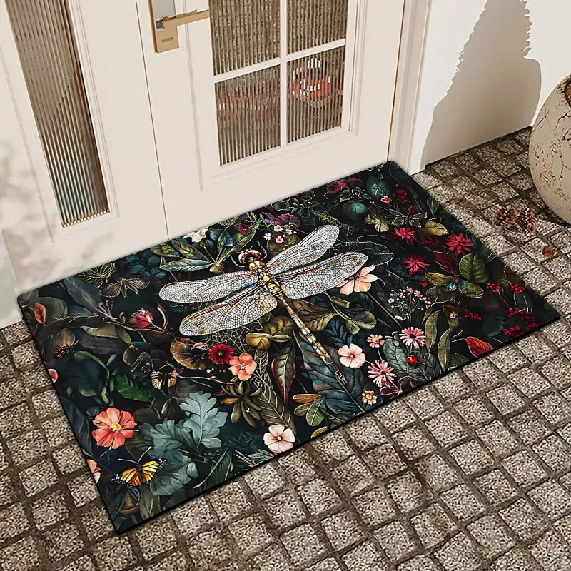 1 Pc Floral Dragonfly Printed Door Mat Linen Surface Diatomaceous Earth Anti Slip And Absorbent Indoor And Outdoor Printed Door Mat Kitchen Dining Room Bathroom Bedroom Decoration Holiday Home Decoration