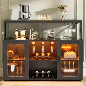Cyclysio Freestanding Wine Bar Cabinet with RGB LED Lights ＆ Charging Station,Sideboard Buffet Cabinet,Coffee Bar Liquor Cabinet with Glass Holder