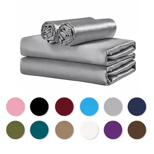 WVG 4PCS Satin Fitted Bedding Set, Silky Soft Smooth Cooling Deep Pocket Sheets with Pillowcases Summer with 1 Fitted Sheet, 1 Flat Sheet, 2 Pillowcases