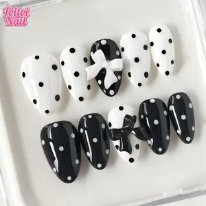10pcs Black And White Polka Dots Short Almond Handmade Press-On Nails,Upgrade Your Look,Bow Nails,Fake Nails,Simple Y2k Nails,Nail Supplies,Cute,Suitable For Women's Fall And Winter Parties, Dances, Daily Casual Wear