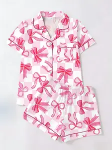 Spring Summer Women's Sleepwear Set, Open Front Cardigan Short Sleeve Shorts, Plaid Bow Print, Casual Loose Fit Home Wear, Pajama Set
