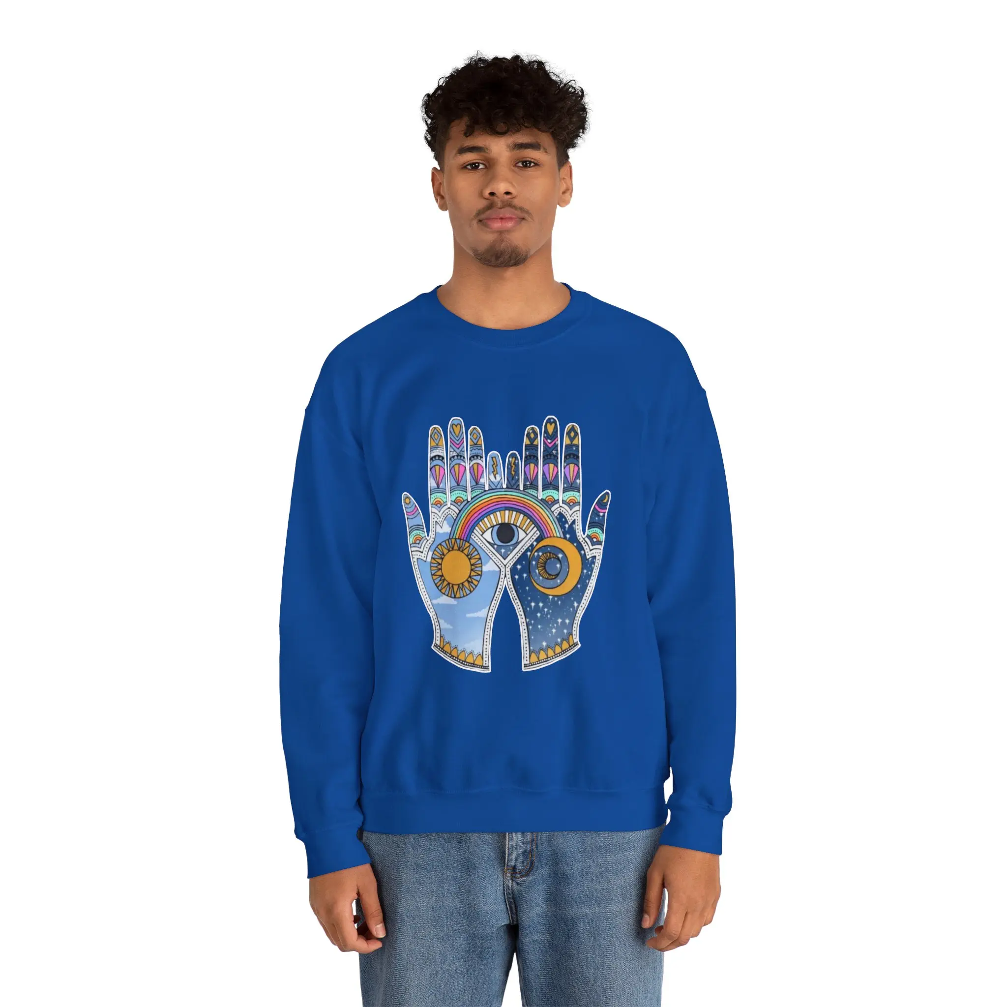 Boho Vibes Handprint Crewneck Sweatshirt, Unisex Art Sweatshirt, Cozy Gift for Her, Festival Wear, Spiritual Apparel