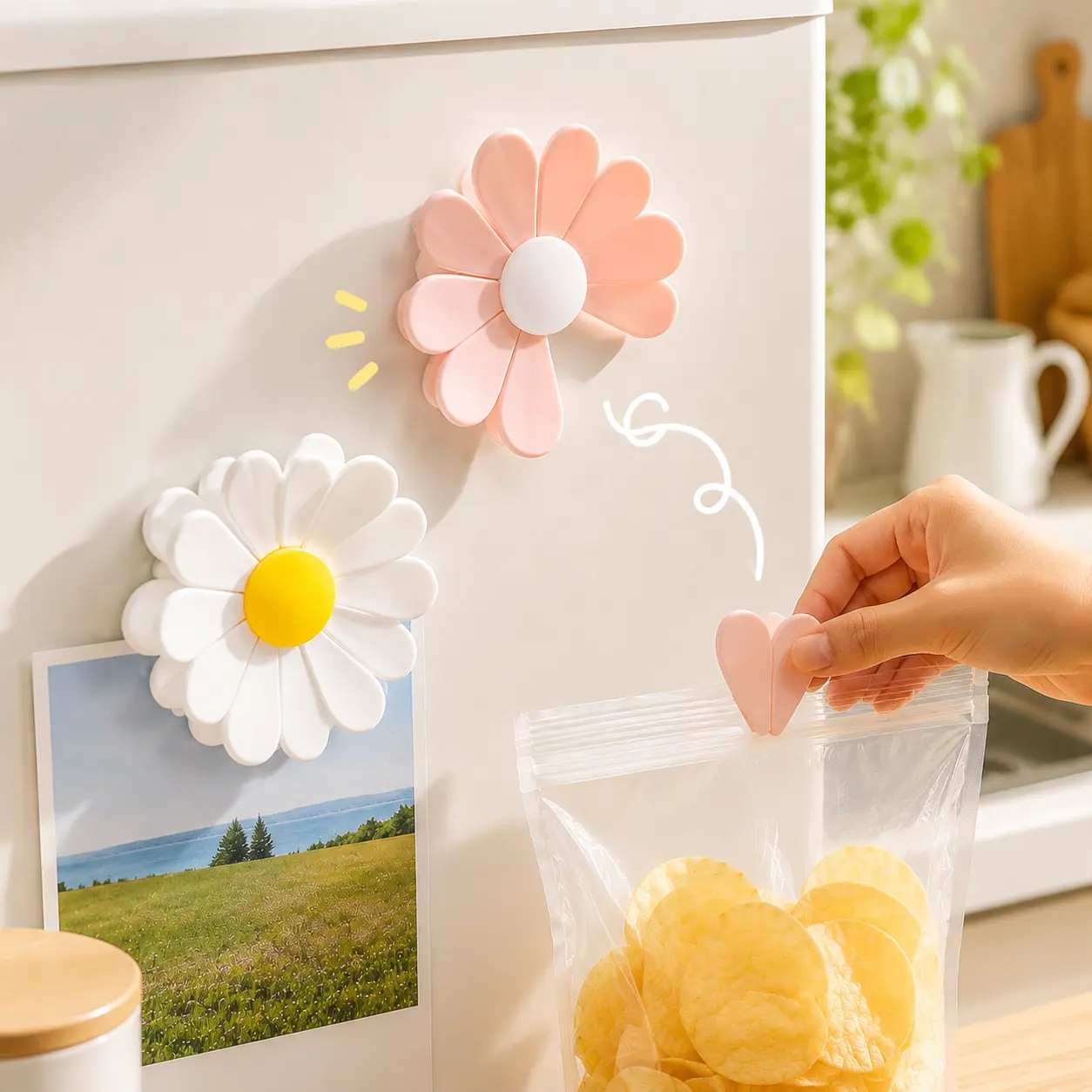 Aesthetic Magnetic Daisy Flower Bag Sealer Clips - Cute Fridge Magnets, Magnetic Item, Refrigerator Decorating Magnet for Coffee Bags, Kitchen Home Supplies Decor Accessories