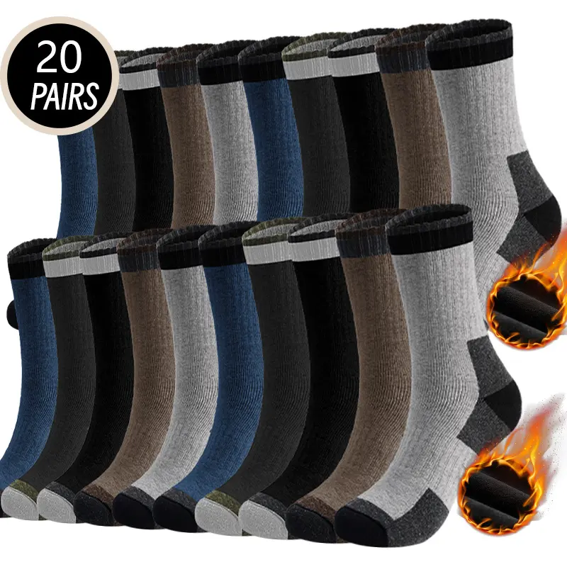 5/10/20Pairs Men's Thick Warm Cotton Blend Socks Knit Polyester Geometric-Pattern Crew Socks with Arch Support, Anti-Slip Top, Durable Heel, and Anti-Blister Toe, Hand Wash Only, Elegant, Basic Mid-Calf Socks