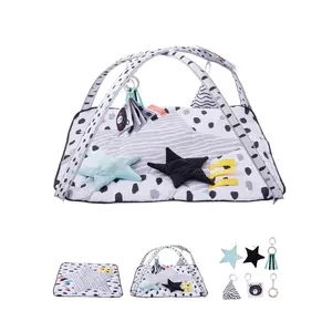 VEVOR Baby Play Gym Mat PM1-4 Tummy Time Mat with 6 Sensory Toys & 2 Touch Balls Soft Fabric for Development 34.4"x34.4" for 0-18 Month Infants Non-Toxic BPA-Free