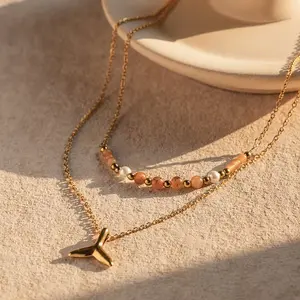 Natural Golden Stone Beaded Pendant Necklace 18K PVD Gold Plated Stainless Steel Double Fishtail Necklace For Women