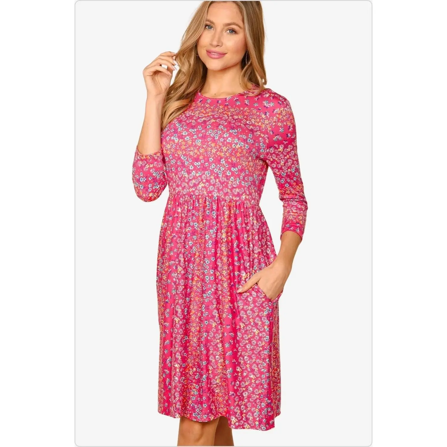Women's Fuchsia Round Neck Floral Dress with Pockets
