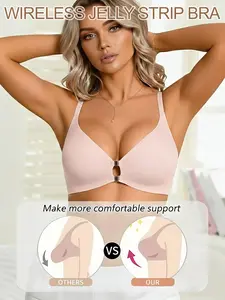 Jelly Gel Women's Deep V Front-close Adjustable Cross Back Straps and Wireless Design, Comfortable and Seamless All Day Long Wear everywhere T-shirt bra