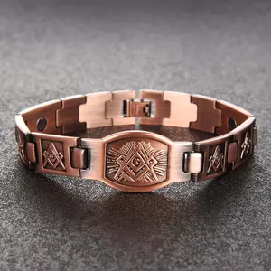 Pure Copper Freemason Magnetic Therapy Bracelet | Engraved Masonic Symbols & Adjustable Links | For Men Seeking Symbolic Wellness Jewelry