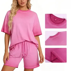 Womens Suits Oversized Tshirt & Shorts Set Heavyweight Cotton Relaxed Fit Summer Washed Dirty Washed Trendy Gradient Color Men's and Women's Suits Short-sleeved Tops Paired with Shorts Retro Couple Outfits