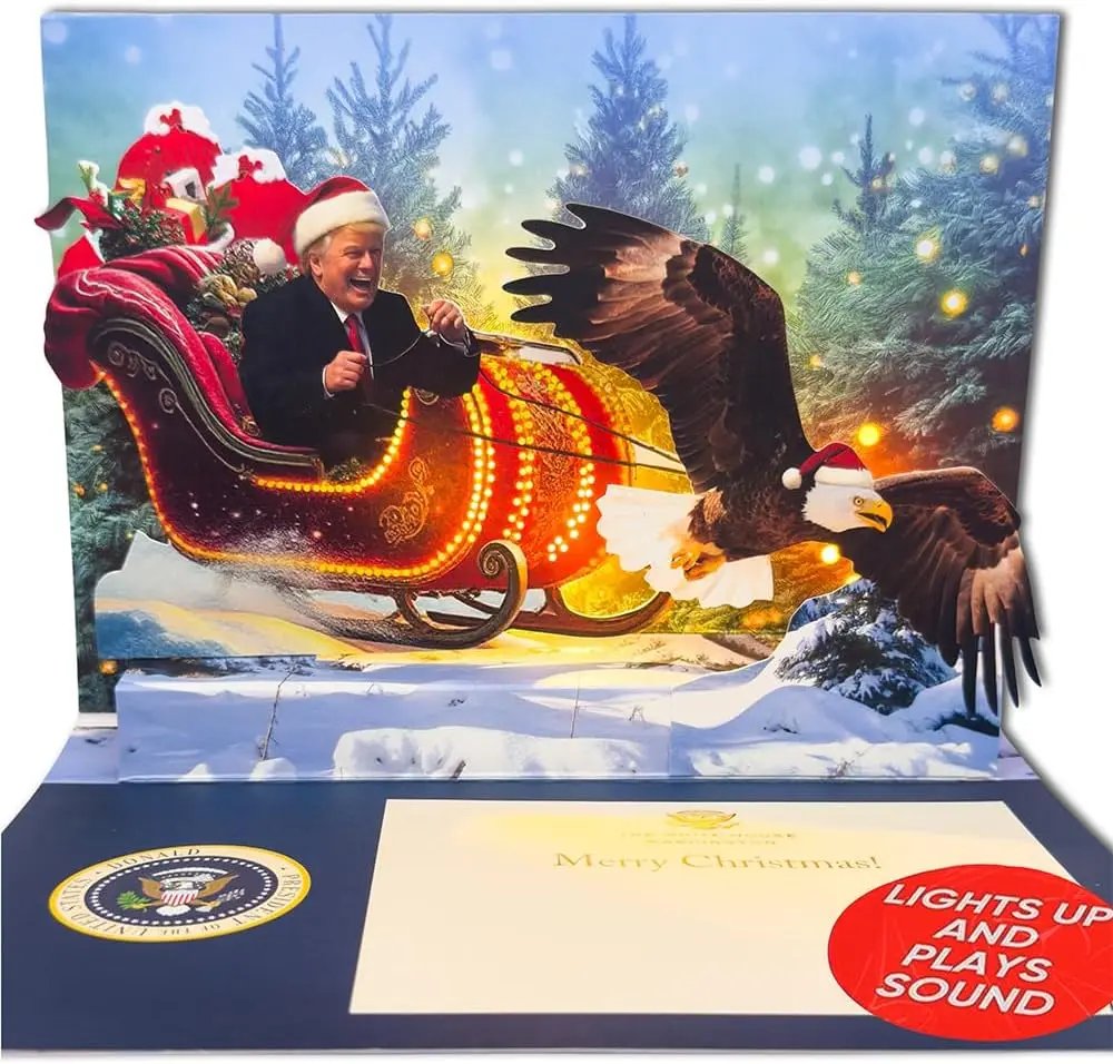 Talking Donald Pop-Up Christmas Card - Office Stationery Gag Gift with Light & Sound, Real Trump Voice Festive Greeting, Realistic Eagle Sounds - Political Gift for Adults